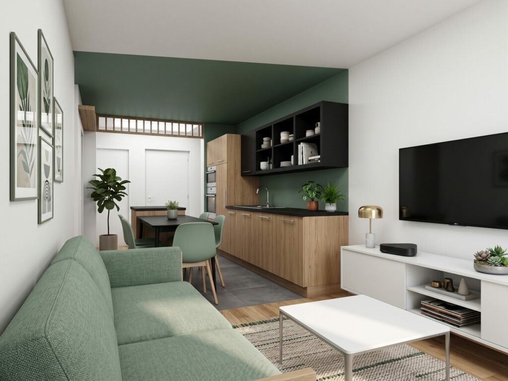 Image 3D de la pièce de vie d'un appartement transformé de T3 en T4 à Bron