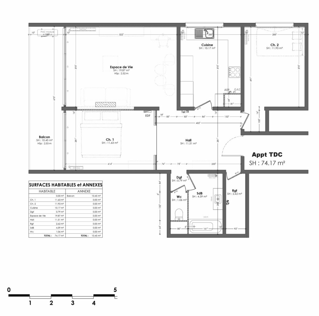 Plan de l'existant d'un appartement T3 à Bron