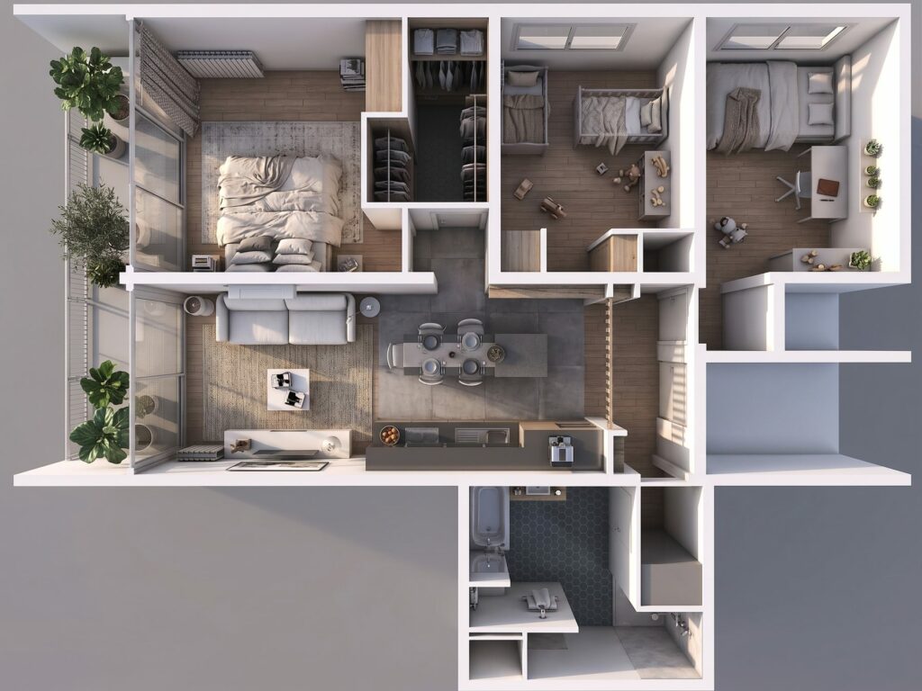 Vue 3D en plan d'un appartement transformé de T3 en T4 à Bron