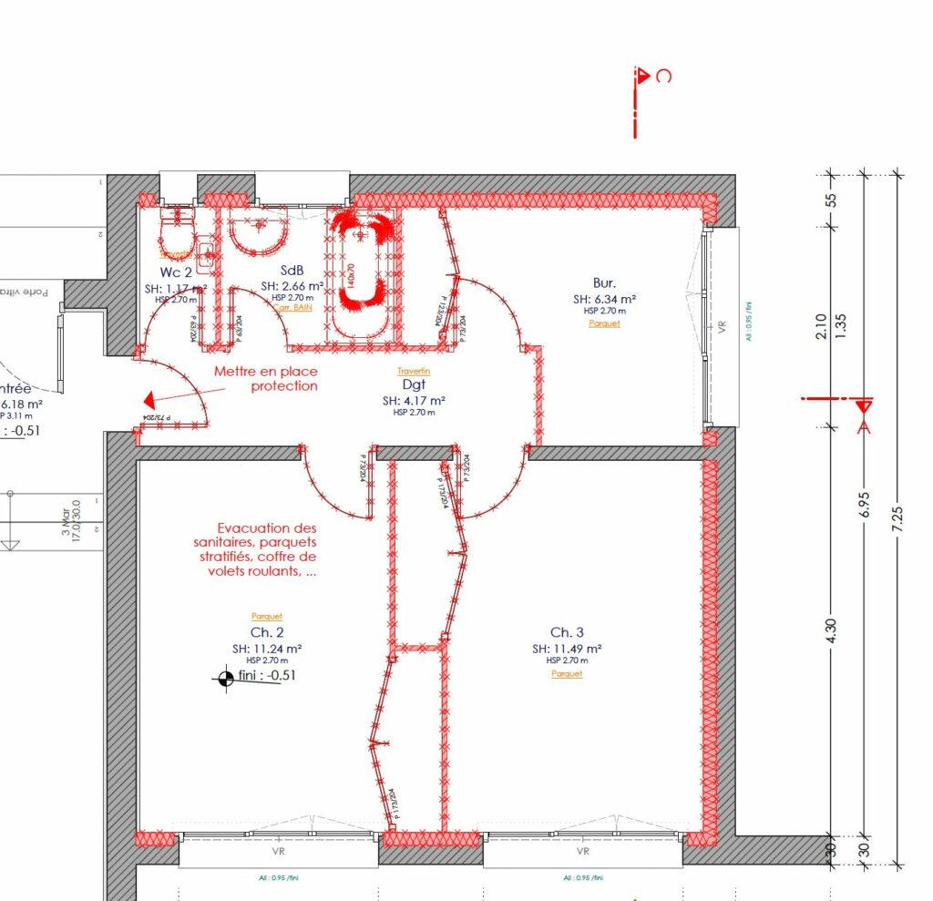 Plan de l'existant de la partie nuit à Chaponnay