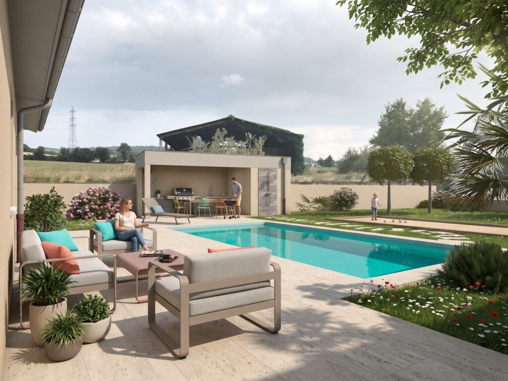 Image 3D d'une piscine et de son pool house à Échalas