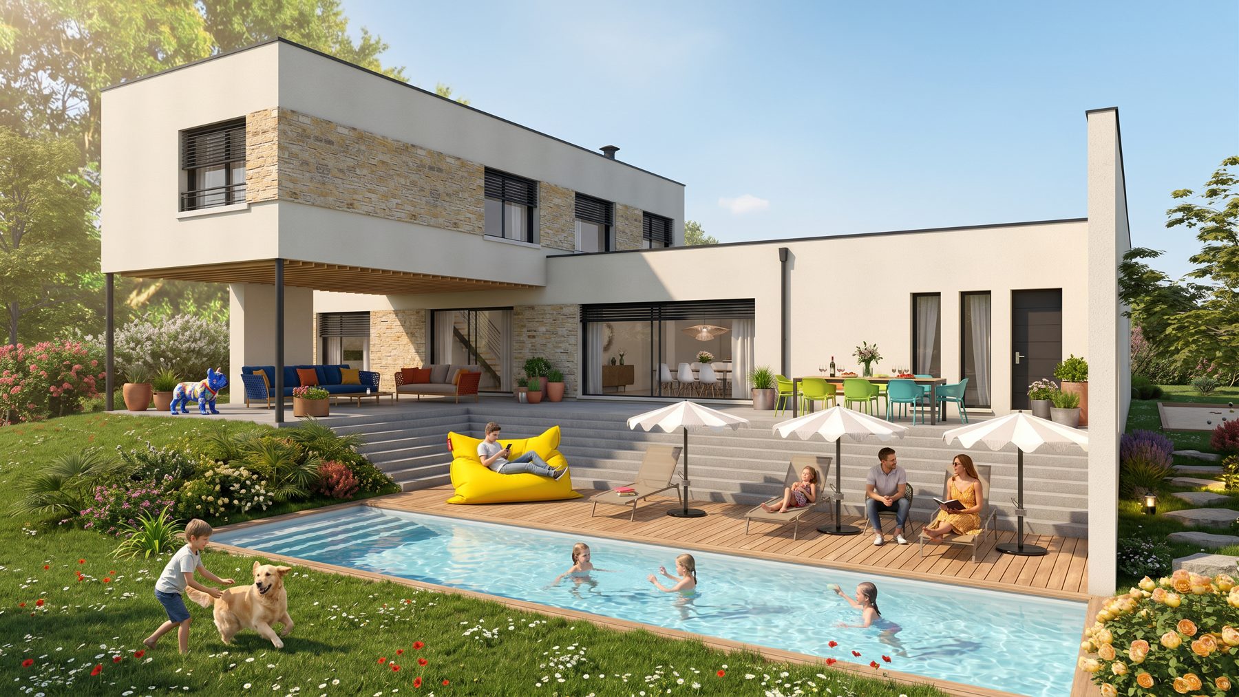 Image 3D d'une maison contemporaine avec piscine conçue par DACB